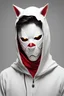 Placeholder: a young man with yellow eyes, he is wearing a white cat mask, he has a red hood over his head