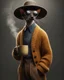 Placeholder: Cool Dude. slender sophisticated Oriental shorthair Siamese chocolate point cat cat standing upright on two legs wears a chunky mustard knit cardigan, patterned trousers and a wide-brimmed felt hat, cradling a steaming ceramic mug in one paw with supreme nonchalance. Exaggerated long whiskers and circular dark sunglasses complete the effortlessly cool ensemble. Full-body photorealistic 3D character render against a moody warm-grey studio background with dramatic side light