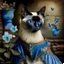 Placeholder: Shakespearen Siamese cat. blue eyes. Dressed in period dress. Hummingbird. lily. stone wall.