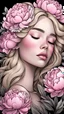 Placeholder: young woman, with blonde hair, a coloring page of a beautiful bouquet of peonies all around her face, her eyes are closed and dreaming peacefully, only her face shows, her face covered by the bouquet of peonies, with a black background, clear outline, no shadows, 4k