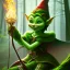 Placeholder: romantic fantasy spray painting, portrait of cute smiling green eyed green head robed elf poet with cute ornament,sitting on a branch, loosing torch in magical forest by waterfall