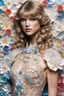 Placeholder: Half body photograph super star singer Taylor Swift wears quantum deity intricate origami flowers detailed quilling paper translucent plastic clothing, mixed media impressionism, fine arts and crafts, intricate embroidery, rococo spirtualism intricate details, highly detailed, cinematography