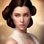 Placeholder: stunning and hyperdetailed half-body portrait photo of princess leia from Star Wars, hazel iris, wlop, artgerm, akihiko yoshida, and liang xing, detailed face, doe eyes, intricate braided hair style, symmetrical eyes, trending on artstation, highly detailed, white dress, dynamic pose, intricate outfit, space ship and galaxy background