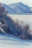 Placeholder: Rolling hills, lake, winter, snow, sunrise Modifiers: smooth intricate high definition beautiful lighting pencil sketch watercolor polished warm light watercolor and ink LNF