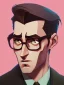 Placeholder: Fit man in round glasses, wavy hair, stubble,no beard, slim, tie, monotone, green eyes, comic book style, two tone colours, detailed, ink, realistic, handsome, square jaw, big brows, no jacket, bird on the shoulder, spotlight