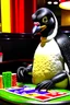 Placeholder: photo of a penguin playing cards at a casino, not a cartoon