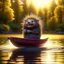 Placeholder: cute blessed freedom statue porcupine flying in a rubber boat in the river,catching a big fish in a river stream, 8k, downlight, soft light, depth of field, photorealism, trending on art station, lotsa detail