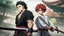 Placeholder: yujiro hanma vs yoriichi tsugukuni, baki vs kimetsu no yaiba, two mans standing in front of each other, a big strong man in black shirt with red hair and evil grin facing a smaller feminine swordsman with long hair and calm face in traditional japanese clothes