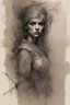 Placeholder: A stern female warrior, in an ancient dungeon, broken columns, smoky lamps, semi-darkness, horror and fear, soft black pencil, sketch, Carne Griffiths