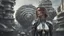 Placeholder: three-quarter view of a woman in a silver robotic catsuit standing in a futuristic derelict city with mushrooms with tentacles floating in the sky