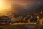 Placeholder: highly detailed small village scene, sunset, illustration, background snowy mountains, cinematic lighting, 4k, 8k, octane render, digital concept art, trending on artstation, pinterest, extremely detailed, ambient lighting.