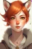 Placeholder: A young female with short red hair, gold eyes, large fox ears, slight smile, pale skin, freckles