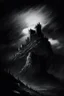 Placeholder: Dark and gritty drawing of a fortress in mountains, dark skies, towers