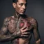 Placeholder: man with light skin with the entire cardiovascular system tattooed, nikon 70mm lens, photo, professional studio photo, very real