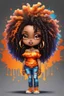 Placeholder: create a colorful abstract graffiti art image 8k of a chibi curvy black female wearing torn jeans pants and a orange tie dye off the shoulder blouse. Prominent make up with hazel eyes. Highly detailed long tight curly afro in a hair wrap.