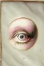 Placeholder: Set in rose-gold, mesmerizing—and bizarre is a Lovers Eye, Part-portrait, part-jewel, the miniature portraiture of a single eye of a beloved, painted with watercolor on ivory,18th century style, the beloved's eye floats uncannily against a monochromatic background. No other facial features anchored it, except an eyebrow. All focus on the composition’s core of a dark iris gazes ardently from behind a soft, love-drunk lid. Lovers eye portraiture, romantic, realism, Victorian, surrounded by blue ve