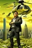 Placeholder: Robert Kiyosaki standing on golden skyskraper helicopters dropping dollar money city burning in background STYLE OF HIROKU OGAI