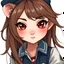 Placeholder: a close-up headshot of a chibi woman with long brown hair, red eyes, brown ferret ears, a mischievous expression, American clothes, intricately detailed, masterpiece