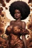 Placeholder: Create an comic book art image of a curvy black female wearing a brown off the shoulder blouse, and she is looking down with Prominent makeup. Highly detailed tightly curly black afro. Background of large brown and black flowers surrounding her