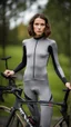 Placeholder: photography of a beautiful anorexic woman, grey satin triathlon top, brunette wavy bob haircut, flat chest, grey satin cycling leggins