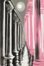 Placeholder: columns of gray men on the march toward sterility and self destruction; optical art; black and white ink wash with 50 shades of pink