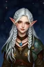 Placeholder: Circle of Stars Druid from dnd. She is a high elf with medium length white hair, some of it pulled back in small braids with glitter, with gold eyes. Background should show the night sky. Her outfit should have star imagery on it and be leather armor but still look nature inspired as she is a druid. She should also have a dreamy smile on her face. She appears almost draped in silver starlight. She is wearing a small necklace that looks like a star is contained inside