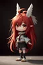 Placeholder: a chibik with long red hair, brown eyes and two white feathers on the sides of his head in full height