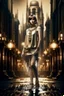 Placeholder: full body picture of a skinny woman with a bob, a fringe hairstyle, 1920s flapper clothing, futuristic steampunk city background