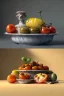 Placeholder: renaissance style still life composite, Ravioli pasta with natural cherry tomato, albahaca, olives, olive oil. Dish, moisture, art, natural, ornaments, ceramic, marble, high kitchen, smooth, god rays, unreal engine 5, ray tracing, RTX, lumen lighting, ultra detail, volumetric lighting, 3d.