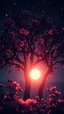 Placeholder: surreal glowing in dark, flowers, millions of stars. a peach flowing anime style sun view through a tree in double exposure