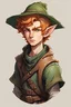 Placeholder: dnd character, young male with short wavey light ginger hair, pale and tired complexion, wide animalistic brown eyes, pointed ears, weathered, round face, green pointy hat