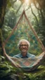 Placeholder: close up portrait of a happy blissed professor woven into a sacred geometry knitted tapestry hammock over a ant hill in the middle of lush magic jungle forest, bokeh like f/0.8, tilt-shift lens 8k, high detail, smooth render, down-light, unreal engine, prize winning