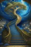 Placeholder: Staircase around a mighty tree spiral staircase of lapis lazuli to heaven, Baroque, epoxy sola, covered with flowers, Empire style, Gothic, botanical fantasy, deep drawing, full detail, bright colors, pearls, opal, bottom view, fabulously, incredibly beautiful, colored plaster, powder explosion, colored splashes, hyperrealistic, high resolution, professional photo, fashion magazine