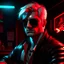 Placeholder: vampire the masquerade toreador whiteblonde hair lean 20 year old male with red sunglasses a red tuxido in a nightclub, photorealistic