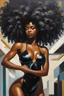 Placeholder: In this futurism oil painting, a stunning black woman is the centerpiece, embodying strength, beauty, and pride. She is depicted bending down gracefully, her body curving elegantly, as she holds her voluminous afro hair in her hands. Her face is adorned with prominent makeup, featuring lush lashes that accentuate her expressive eyes. The canvas is filled with vibrant colors, with the woman's afro hair taking center stage. Each curl is meticulously detailed, with a riot of colors cascading down
