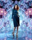 Placeholder: make a picture pretty stage made of crystal diamond 3d fractal recursive cubic and sphere base structures and a beautiful fashion model lady posing with cute,with dark cyan decholte top and pretty pleated midi skirt,siver high heels ,makeup curvy long hair,dynamic camera zoom to full body and pan, dynamic lights.