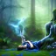 Placeholder: crazy detail, magical forest background, waterfall, blue but cloudy skies,close up of body of cute dark male poet sleeping on ground wearing soft robes and blue gloves,dark stone statue, lively eyes,hidden hands, framed by foliage, shiny eyes, holding up scroll