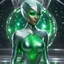 Placeholder: Focus on the standing figure of a green galactic female alien, her skin shimmering with iridescent green. Her eyes, large and multifaceted like precious gemstones, sparkle with a mischievous glint. Clad in a sleek silver suit that hugs her curvy form. The suit seems to be woven from strands of liquid mercury ends with silver boots, reflecting the ambient light in dazzling patterns that dance across its surface. she is a scientist, she stands on the medical bay of her dark and sophisticated spac
