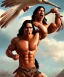 Placeholder: native american warrior, long black hair, big muscles, face up, mouth wide open, scream face, shirtless, looking to the sky