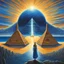 Placeholder: centered an extraordinary view of an otherworldly alien dark blue pyramid palace with a large sun symbol on top of it, surrounded by ocean, a queen of an otherworldly extraterrestrial race is standing in the foreground looking at her land, intricate airbrush art, pencil sketch, crisp quality, award winning masterpiece