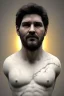 Placeholder: Ultra Realistic image, classic sculpture, white marble material, young Maradona, gold crown of natural thorns, god crown, gold veins, gold ornaments, Renaissance style, sun rays background, waist up portrait, epic, celestial, cinematic lighting, God lights, 4k resolution, smooth details, soft lighting, unreal engine 5, art station, substance 3d.