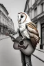 Placeholder: One single mature barn owl, playing guitar in the street , Vienna, friendly, model style, hyper realistic, extremely accurate, delicate, extremely detailed, Graphic novel style, wide-angle, open aperture, superfine pencil