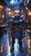 Placeholder: full figure with metallic stone gauntlets holding dark blue jagged dagger, standing on wet tiled floor outside fantasy tavern, focused female Russian vampire gnome from worms armageddon wearing makeup, bokeh like f/0.8, tilt-shift lens 8k, high detail, smooth render, down-light, unreal engine, prize winning