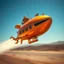 Placeholder: award winning photograph of a steampunk house-fly ufo dirigible designed by only one vehicle per image painted metallic orange traveling at a high rate of speed, jet intake off of front center of vehicle and jet exhaust out the rear bilaterally symetrical,