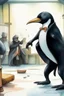 Placeholder: a penguin is an angry boss in a factory, atacking people with money. watercolor. fight, mortalkombat.