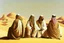 Placeholder: Four Arab sheikhs sitting in the desert wearing typical Arab dress, looking towards the four cardinal points. A talll fat european man in business suit wathhing them while thinking.