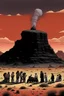 Placeholder: giant black rock with pepe on the top smoking in the desert with small people around n the style of Hiroshi Nagai