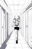 Placeholder: blonde girl runs in a corridor, back view, line arts, manga style