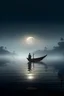 Placeholder: A calm sea surrounded by mystical fog, under the moonlight with a scenic landscape background A man, wearing a traditional longyi, standing on a small wooden boat, both hands holding on to a long wooden pole, steering the boat. Image quality: high resolution, uhd 4K