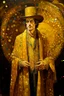 Placeholder: beautiful painting of a extremely handsome man in a golden cape and yellow hat, with multiple eyes on his body in the style of Gustav Klimt. full body portrait features geometric shapes, beautiful colors, golden light, and a dark background. the composition is beautiful, with sharp focus and high resolution.